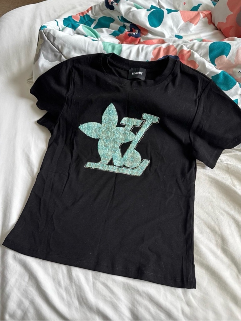 Black T-Shirt with Aqua Glitter Logo